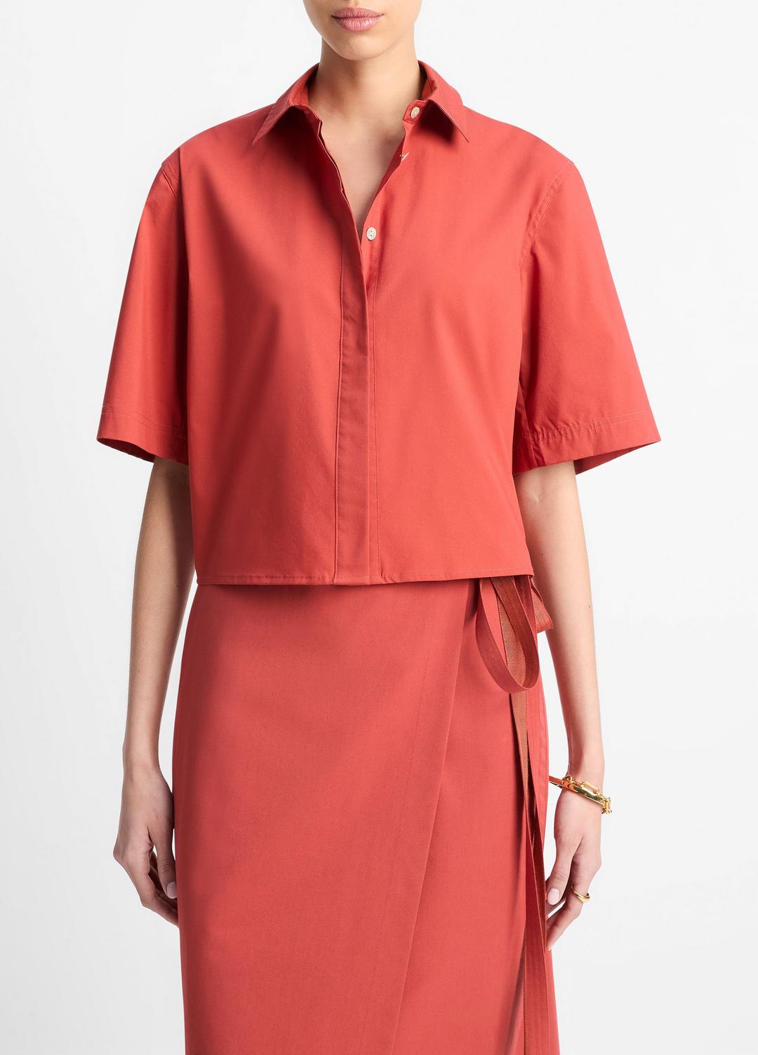 VINCE Cotton Short-Sleeve Cropped Shirt in Shirts & Tees
