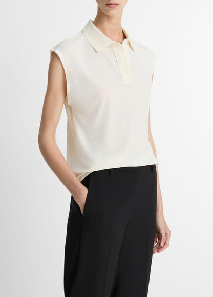 VINCE Matte Jersey Cap-Sleeve Polo Top in Shirts & Tees