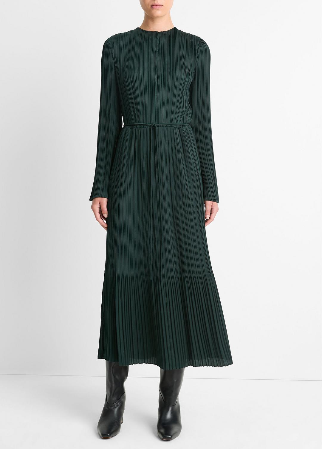 VINCE Pleated Satin Long-Sleeve Dress in Dresses & Skirts
