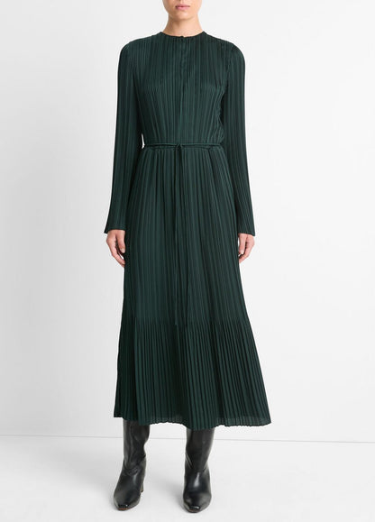 VINCE Pleated Satin Long-Sleeve Dress in Dresses & Skirts
