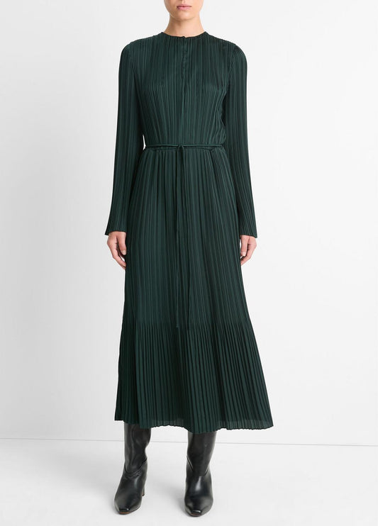 VINCE Pleated Satin Long-Sleeve Dress in Dresses & Skirts
