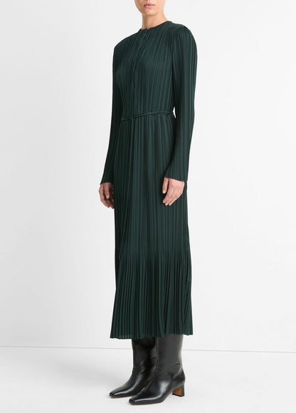 VINCE Pleated Satin Long-Sleeve Dress in Dresses & Skirts