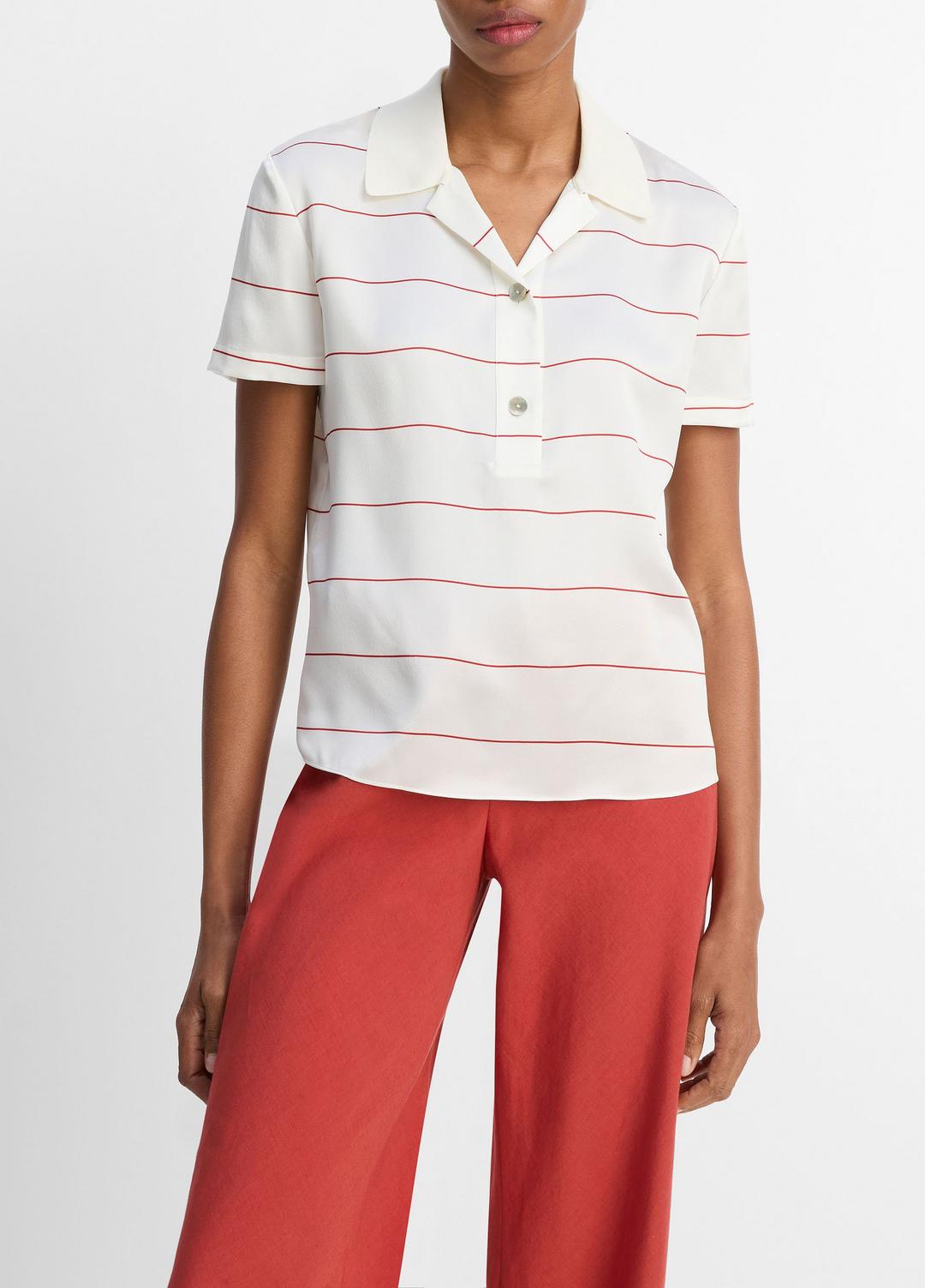 VINCE Knit-Collar Striped Silk Polo Shirt in Shirts & Tees