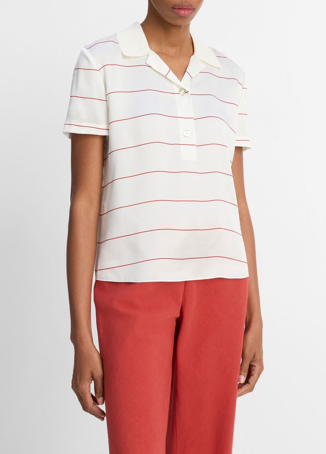 VINCE Knit-Collar Striped Silk Polo Shirt in Shirts & Tees