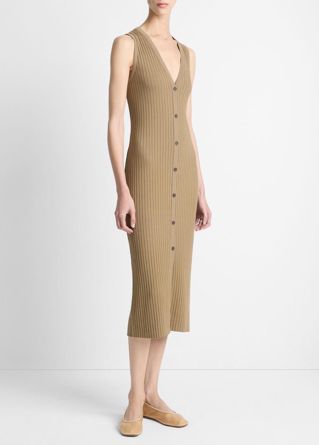 VINCE Ribbed Cotton-Blend Button-Front Dress in Dresses & Skirts