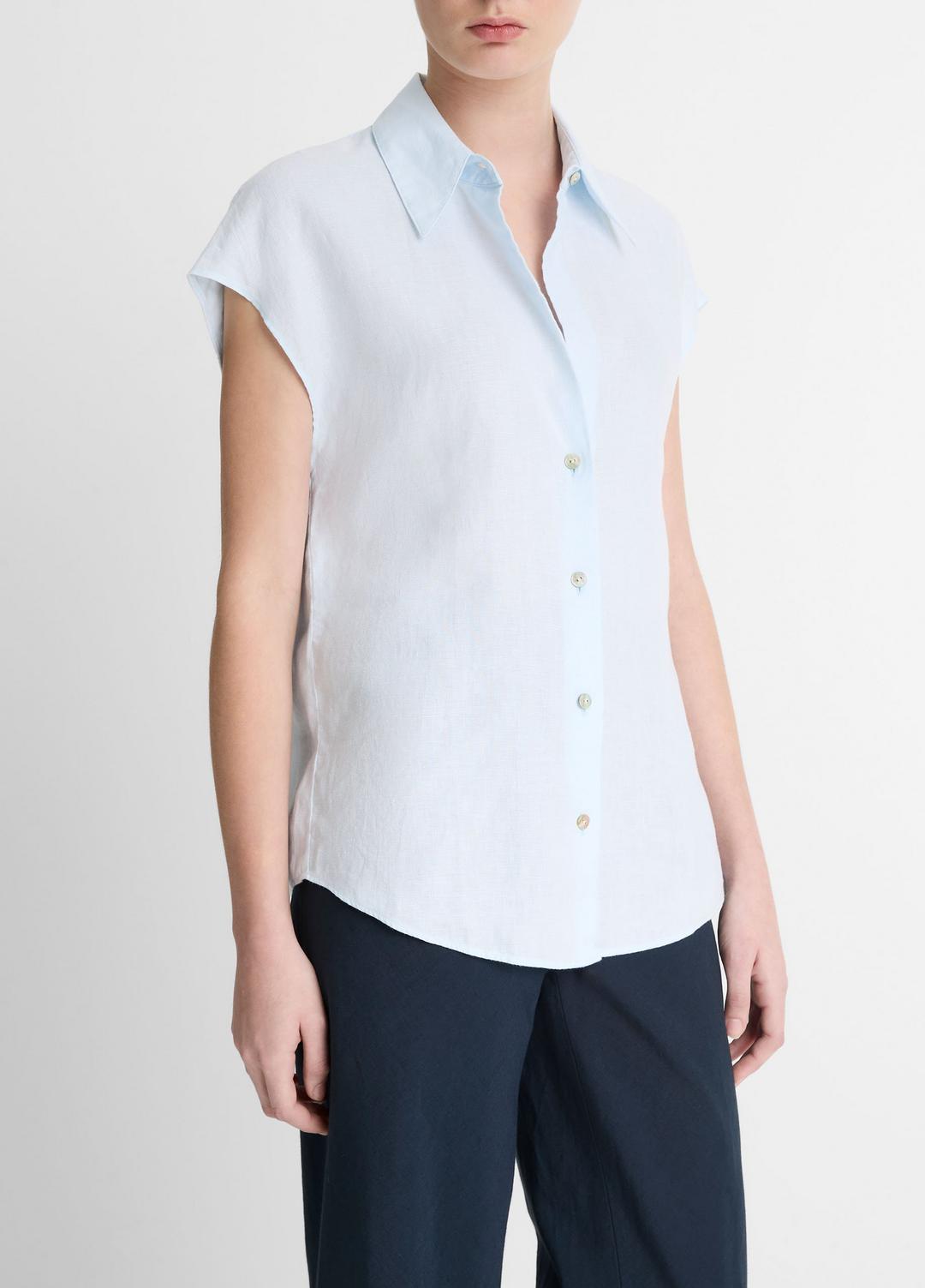 VINCE Linen Cap-Sleeve Button-Front Blouse in Shirts & Tees