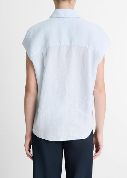 VINCE Linen Cap-Sleeve Button-Front Blouse in Shirts & Tees
