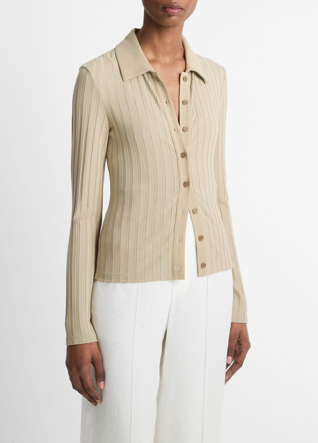 VINCE Ribbed Collared Long-Sleeve Button-Front Top in Shirts & Tees