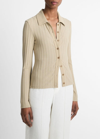 VINCE Ribbed Collared Long-Sleeve Button-Front Top in Shirts & Tees